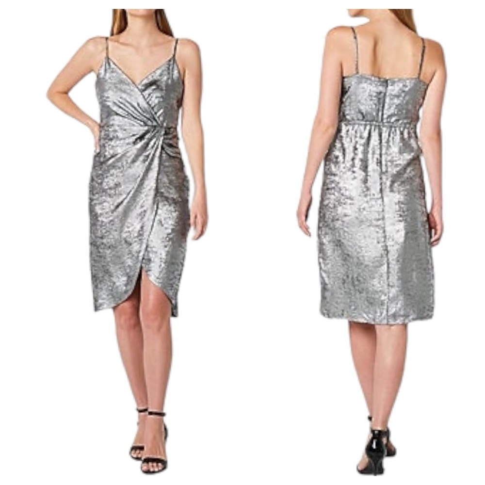 Silver Midi Wrap Style Dress NEW Sleeveless Lined Size Medium